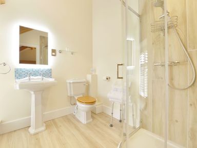 A bathroom with sink, toilet and shower at The Cider Barn at Home Farm Down Thomas near Wembury