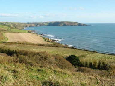 A coastal landscape with fields and the sea at The Cider Barn at Home Farm Down Thomas near Wembury