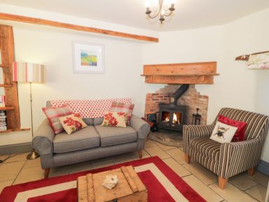A living room with a grey sofa with cushions and a striped armchair near a brick fireplace with a burning fire at Honey Bee Cottage in Staintondale