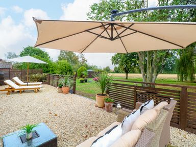 An outdoor seating area with sun loungers and an umbrella at Three Ways South Lopham near Garboldisham