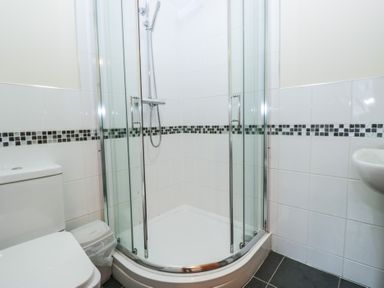 A bathroom with a shower, toilet, and sink at Birkbank Farm in Cockermouth