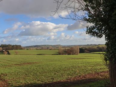 A view of fields and trees with clouds in the sky at The Old Telephone Exchange Exeter