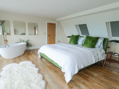 A bedroom with a bed, bathtub, and mirrors at Pengarnedd in Amlwch