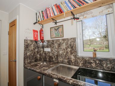 A kitchen with a sink and shelf containing books at Hazel Lodge in Clunton near Clun