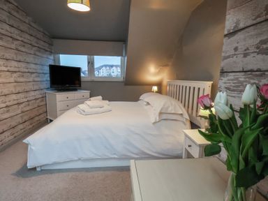 A bedroom with a bed and television at South Villa in Sandsend near Whitby