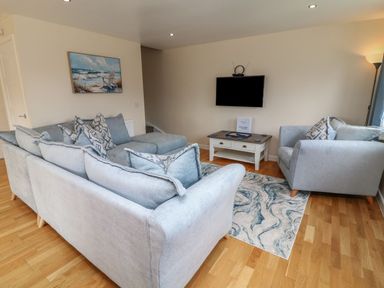 A living room with a sofa and television at James Ville Marina Lodge 21 in Brigg