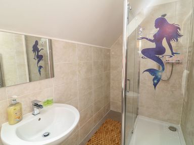 A bathroom with a sink and shower at James Ville Marina Lodge 21 in Brigg