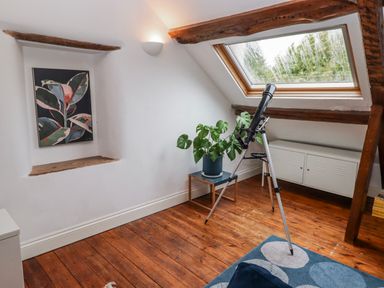 An attic with a telescope and a plant at The Secret Garden in Narberth