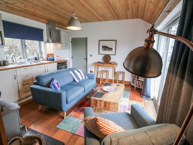 A living room with a sofa and coffee table at The Faithfuls Cabin in Dingle