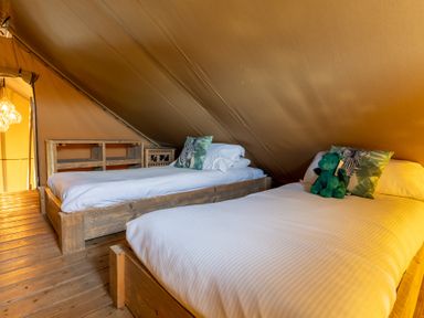A bedroom with two beds and a stuffed animal at Kruger (Pet) in Penrith