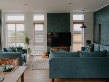 A living room with sofas and a television at Wilde Spa (Pet) in Carmarthen