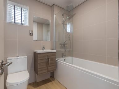 A bathroom with a toilet, bathtub, shower, and mirror at Wilde Spa (Pet) in Carmarthen