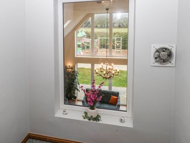 A window with a chandelier and a plant at Oldfields in Bury St Edmunds