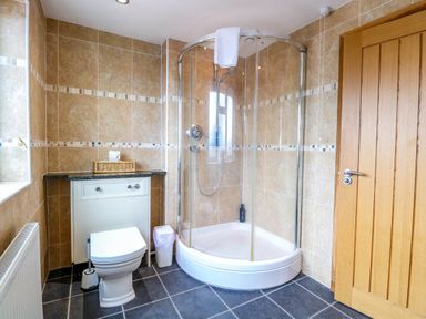 A bathroom with shower, toilet, and sink at Oldfields in Bury St Edmunds