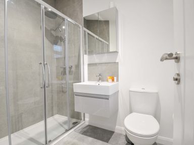 A bathroom with shower, toilet, and sink at 20 Meadow Retreat in Dobwalls