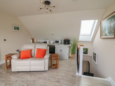A living room with a sofa and kitchen appliances at Ard Uisce @ Estuary Bliss, Duncannon, County Wexford