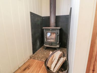 A wood stove with firewood next to it at Honeysuckle Hut, Potto Grange Farm Northallerton