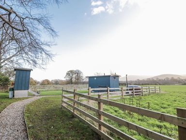 A blue cabin and pathway in a field at Honeysuckle Hut, Potto Grange Farm Northallerton