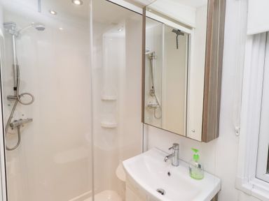 A bathroom with a shower and sink at Chloe's Cabin near Felmoor Holiday Park near Felton