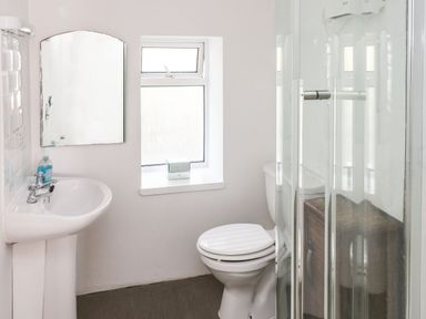 A bathroom with a sink, toilet, and shower at Rock House in Narberth