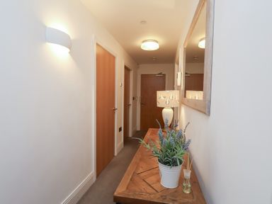A hallway with a plant on a table at One Union Mill - garden apartment in Whitby