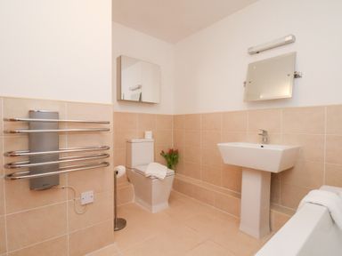 A bathroom with a toilet, sink, and mirror at One Union Mill - garden apartment in Whitby