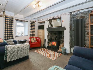 A living room with a fireplace and seating area at Parc y Brenin Holidays, Abersoch