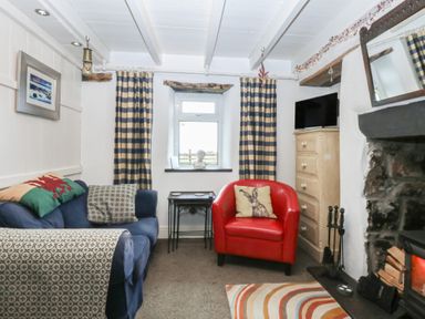 A living room with a sofa and fireplace at Parc y Brenin Holidays, Abersoch
