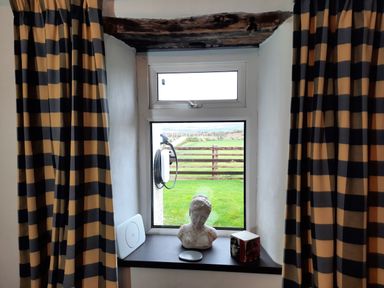 A window with curtains and a statue on the sill at Parc y Brenin Holidays, Cilan near Abersoch