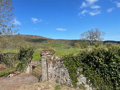 A view of a gate and stone wall with trees and hills in the background at Inglewood Bach Conwy