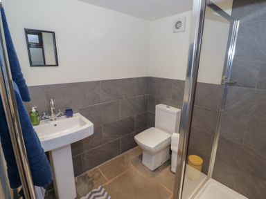 A bathroom with a sink, toilet, and shower at The Barn on The Lagoon in Droitwich