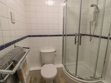 A bathroom with a shower and toilet at Sandy Cove in Chathill