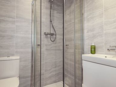 A bathroom with a shower and toilet at Creek Lodge in Chacewater