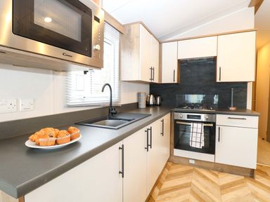 A kitchen with a sink, cooker, microwave, and muffins at Caravan in Great Yarmouth