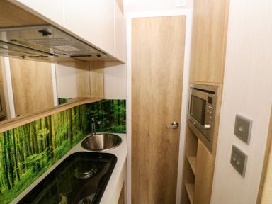 A kitchen with a sink, stove, and microwave at The Pod in Ferryside