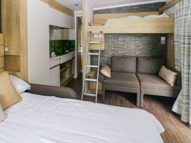 A bedroom with a bunk bed and kitchenette at The Pod in Ferryside