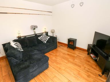 A living room with a sofa, television and fireplace at Red Kite Cottage Haverfordwest