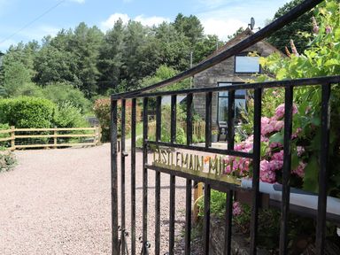 A view of a garden entrance with flowers and a gate at Castle Rag in Parkend