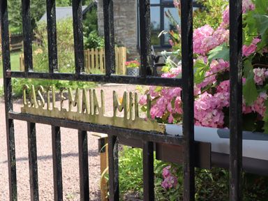 A gate with flowers in the garden at Castle Rag in Parkend