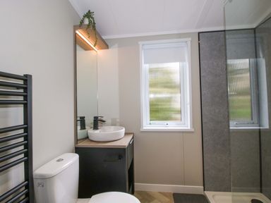 A bathroom with a sink, toilet, and shower at Tulip in Eardisland
