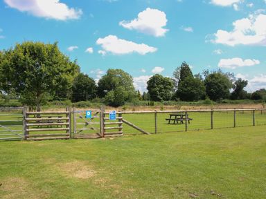 A fenced area with a picnic table and trees at Poppy in Eardisland