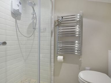 A bathroom with a shower and toilet at Juniper Cottage 