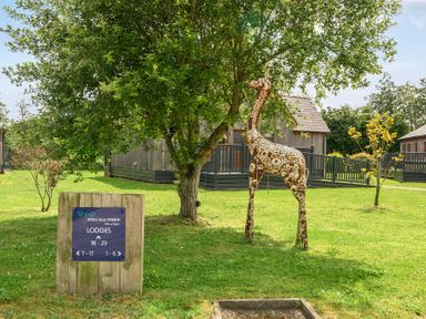An outdoor area with a giraffe sculpture and lodges at James Ville Marina near Brigg