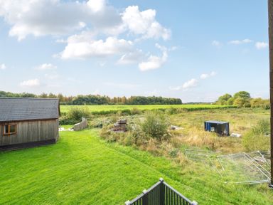 A grassy area with a shed and blue container at Lodge 25 - Pumpkin Near Brigg