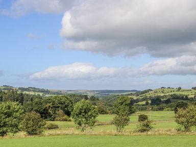 A landscape with trees and hills at Swallows Rest in Hexham