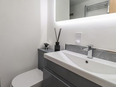 A bathroom with a sink and toilet at Caban Tan Y Dderwen in Chwilog
