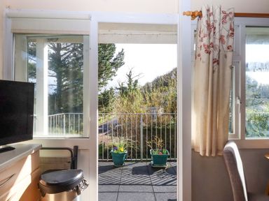 A kitchen view of a balcony with flower pots at Flat 1 Lee Cliff Park in Dawlish Warren
