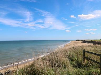 A beach with grass and an ocean view at The Ivy in Norwich
