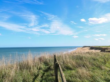 A view of a beach with grass and a fence at The Ivy in Norwich
