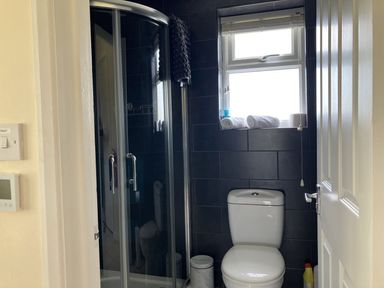 A bathroom with a shower and toilet at Seadrift in Bush Estate near Happisburgh